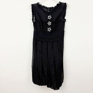 Amelia Toro Black Bubble Hem Dress Size 4 Floral Beaded Ruffle Cotton Cocktail